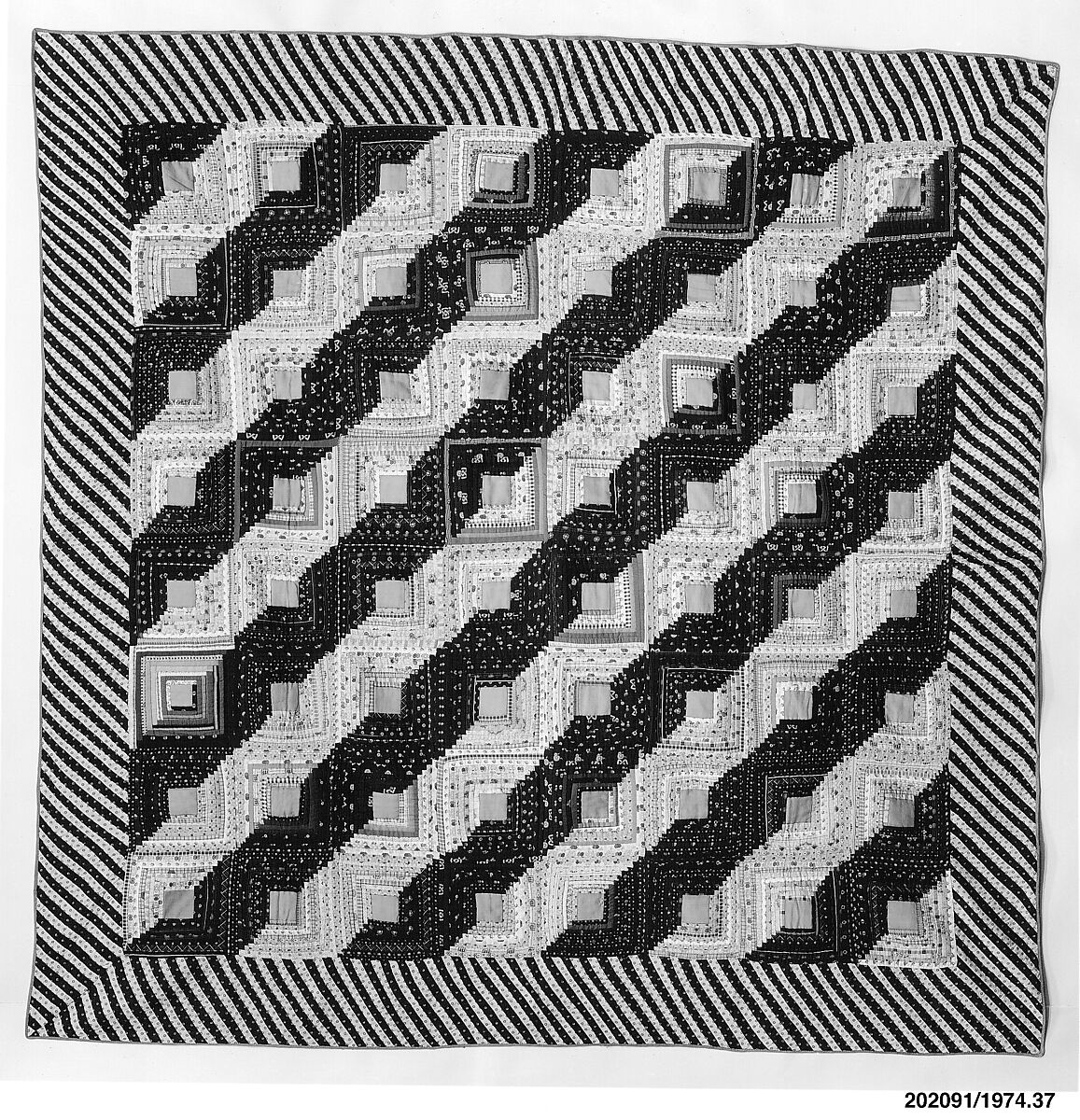 Quilt, Log Cabin pattern, Straight Furrow variation, Wool and cotton, American