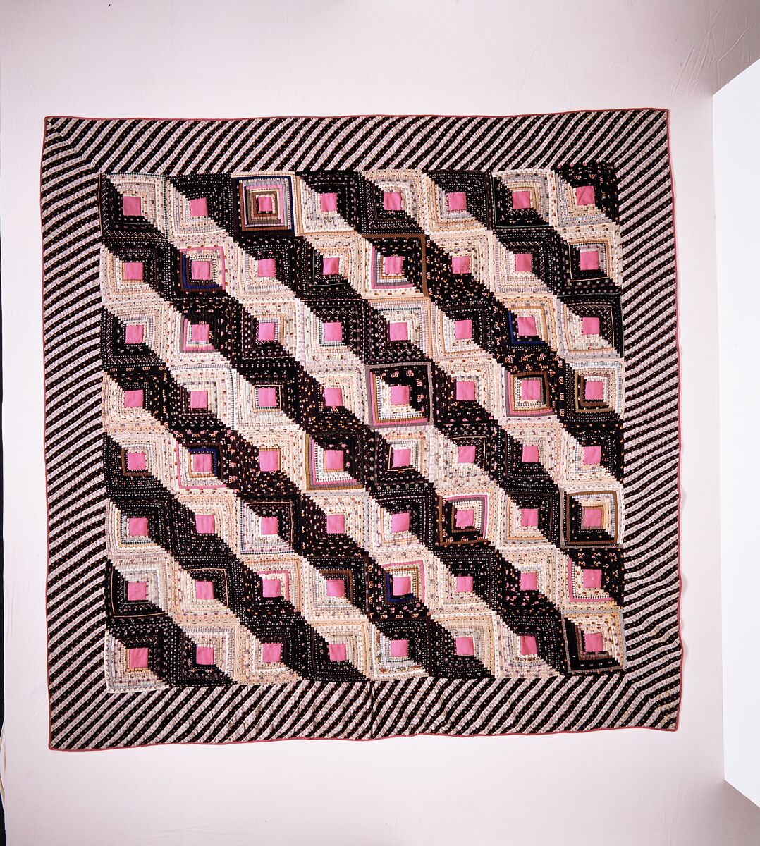 Quilt, Log Cabin pattern, Straight Furrow variation, Wool and cotton, American