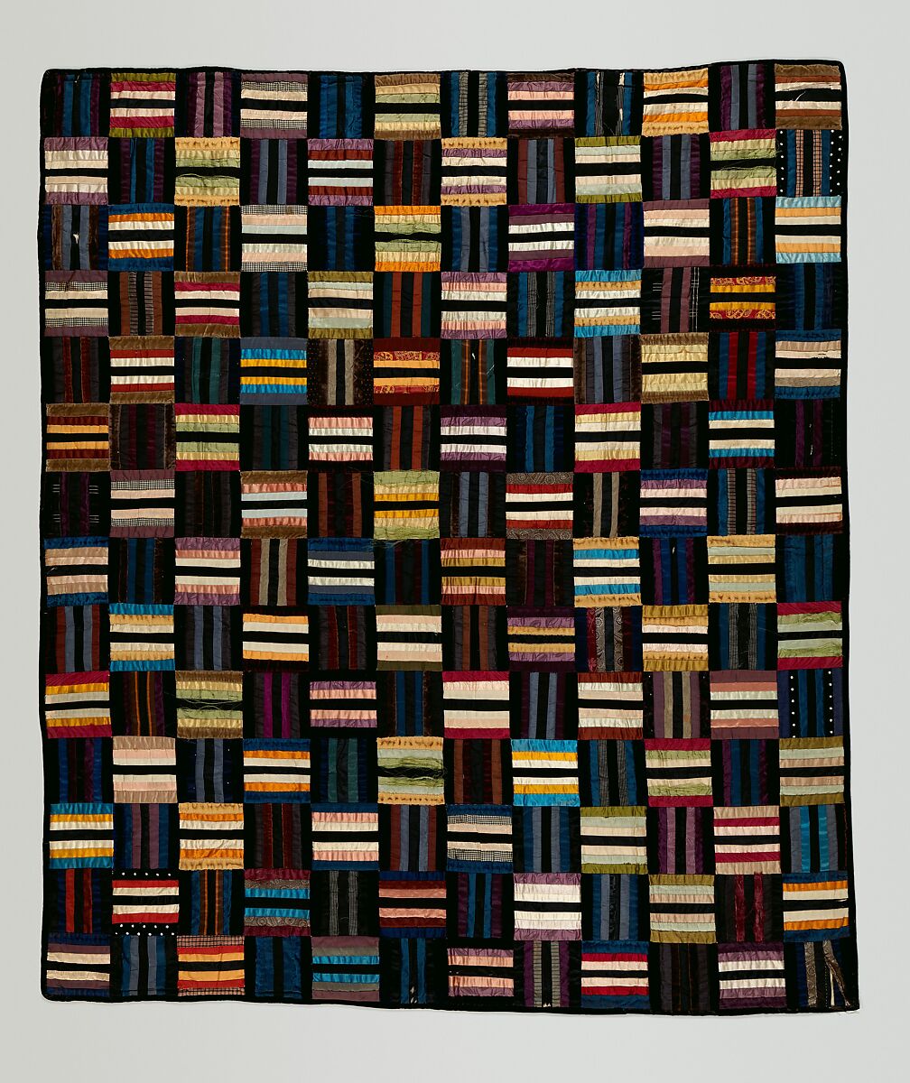 Quilt (or decorative throw), Roman Stripes pattern, Julia Perry Brigham (1830?–1871), Silk, silk velvet, and cotton, American 