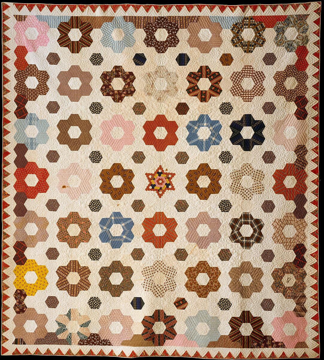 Quilt, Hexagon or Honeycomb pattern, Rebecca Davis, Cotton, American 