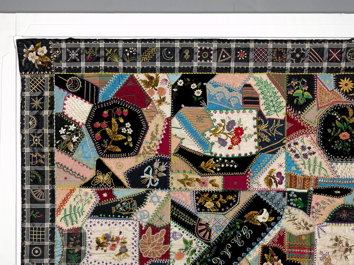 Quilt (or decorative throw), Crazy pattern, Tamar Horton Harris North (1833–1905), Silk, silk velvet, cotton, and cotton lace, American