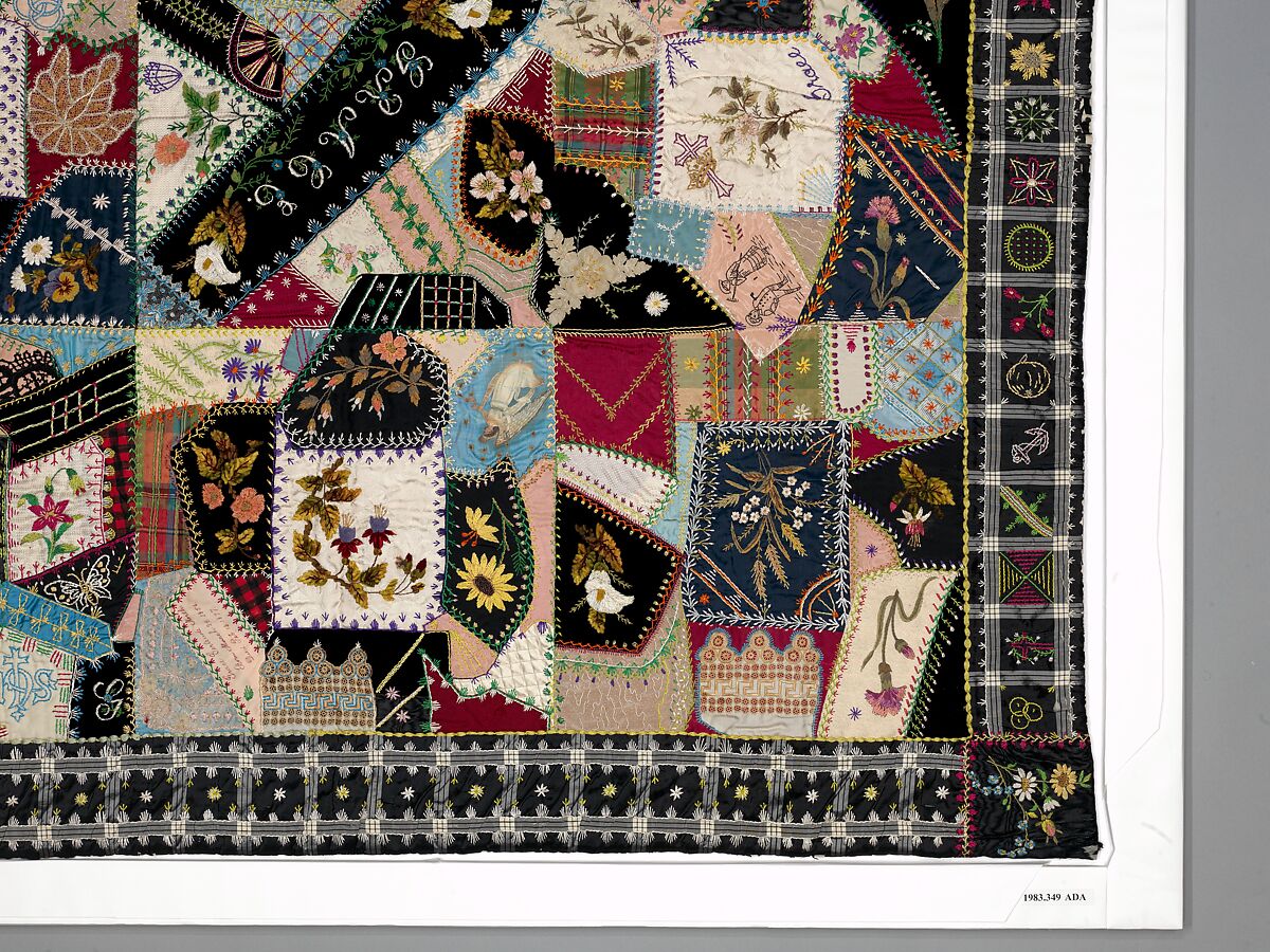 Quilt (or decorative throw), Crazy pattern, Tamar Horton Harris North (1833–1905), Silk, silk velvet, cotton, and cotton lace, American