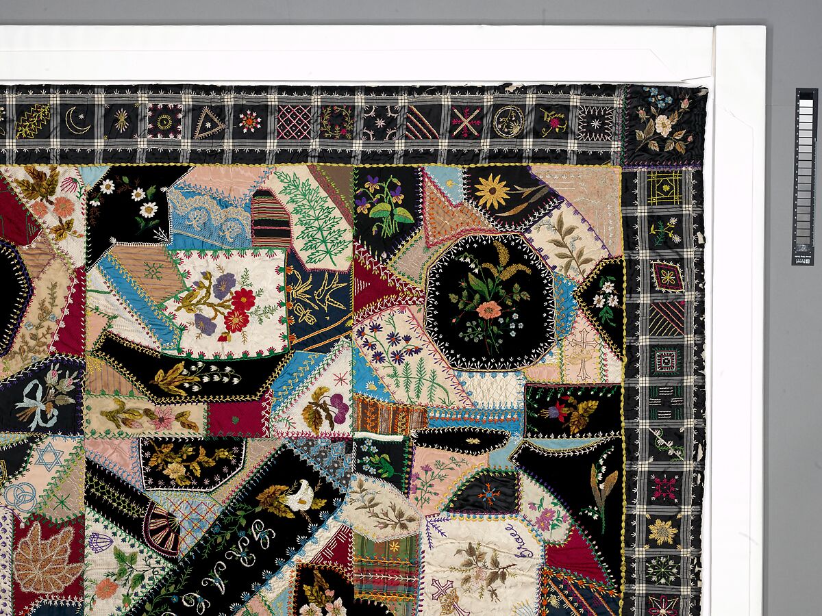 Quilt (or decorative throw), Crazy pattern, Tamar Horton Harris North (1833–1905), Silk, silk velvet, cotton, and cotton lace, American