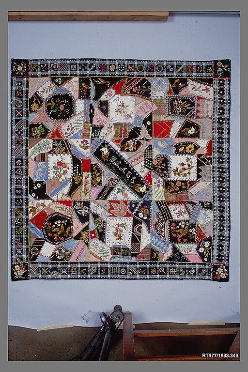 Quilt (or decorative throw), Crazy pattern, Tamar Horton Harris North (1833–1905), Silk, silk velvet, cotton, and cotton lace, American