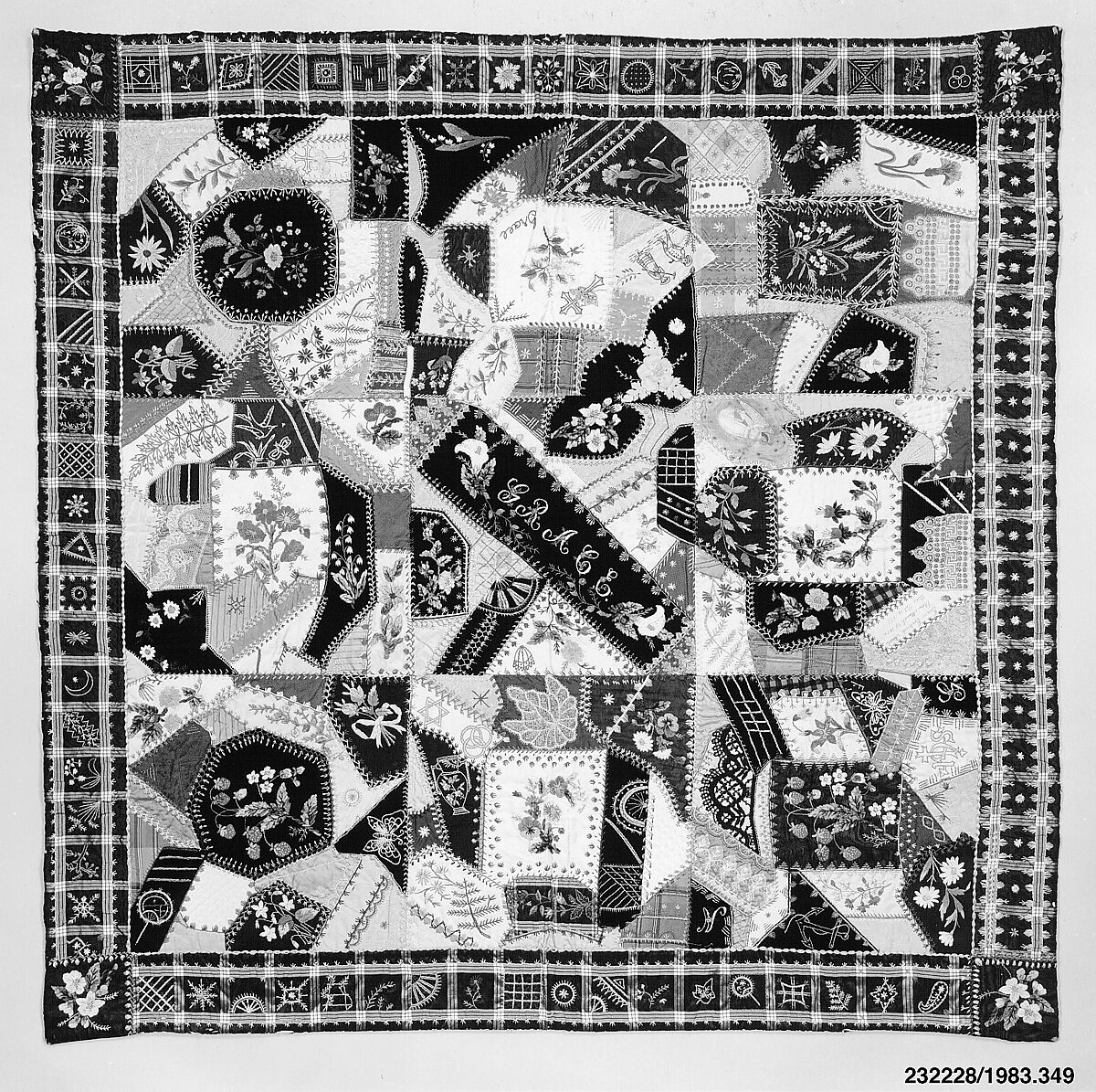 Quilt (or decorative throw), Crazy pattern, Tamar Horton Harris North (1833–1905), Silk, silk velvet, cotton, and cotton lace, American