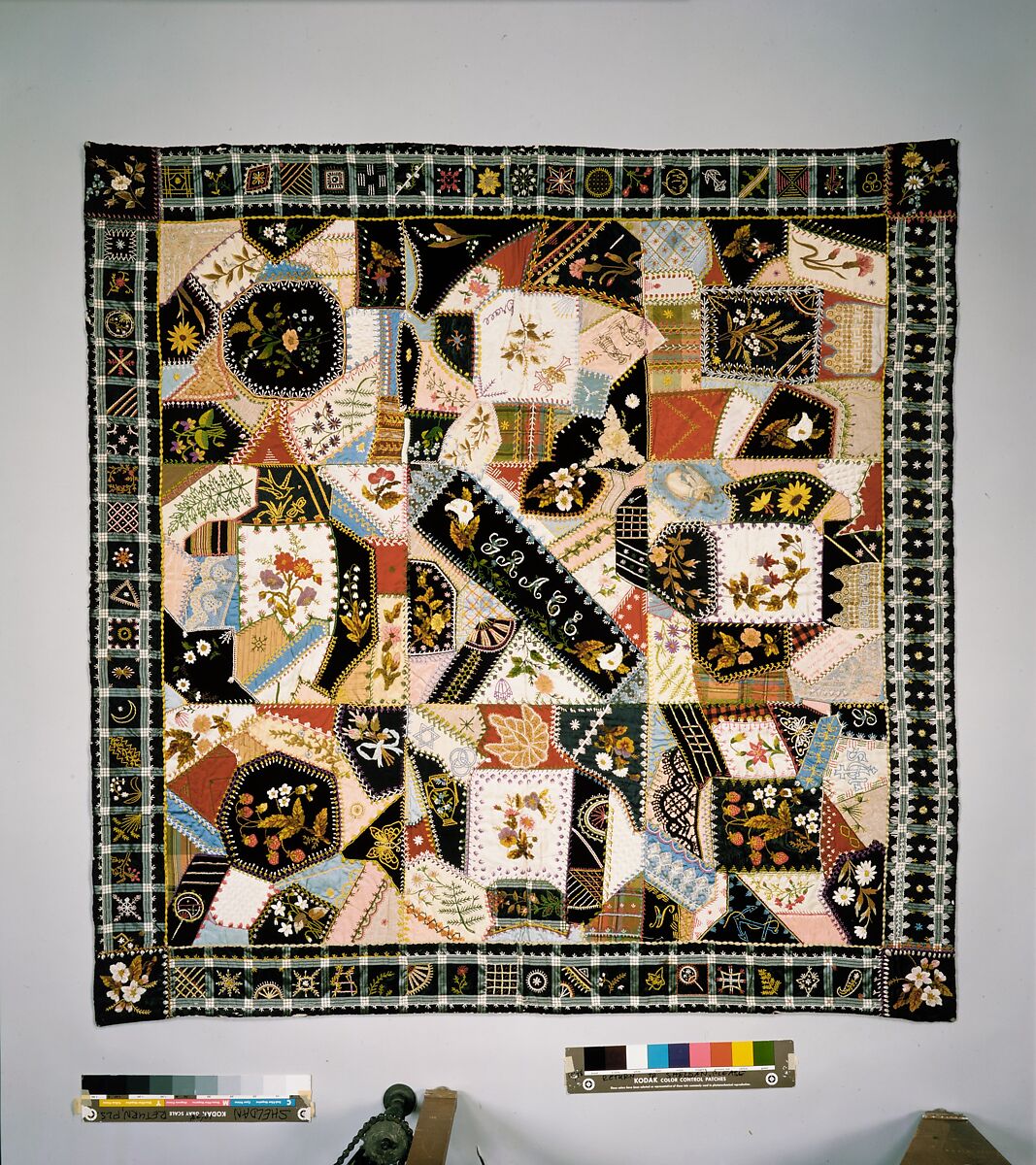 Quilt (or decorative throw), Crazy pattern, Tamar Horton Harris North (1833–1905), Silk, silk velvet, cotton, and cotton lace, American