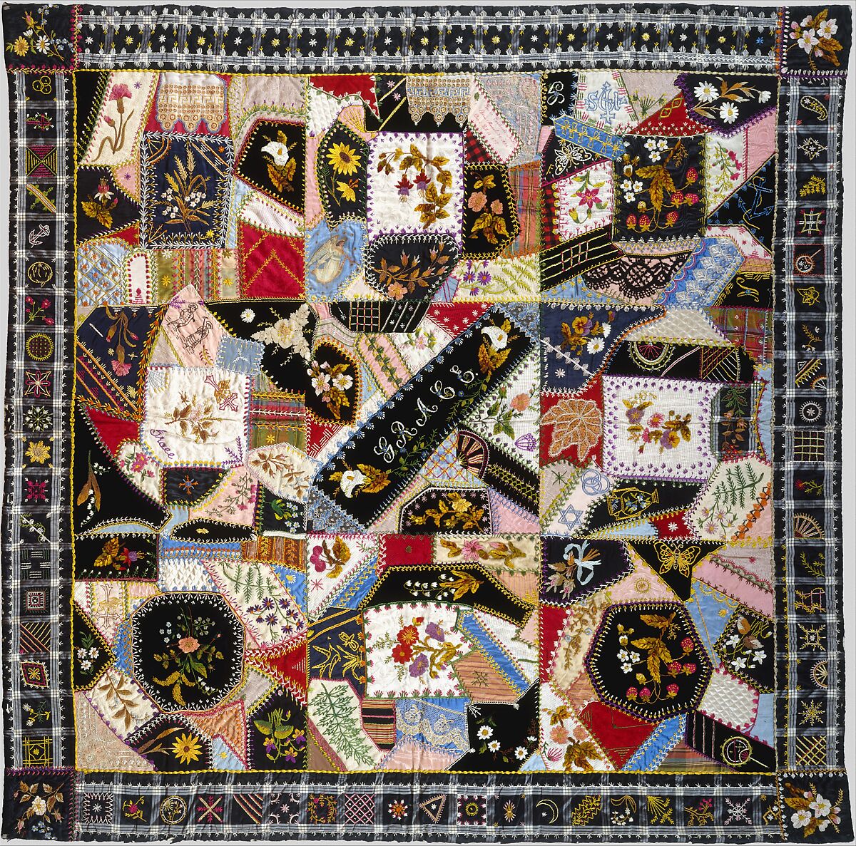 Quilt (or decorative throw), Crazy pattern, Tamar Horton Harris North (1833–1905), Silk, silk velvet, cotton, and cotton lace, American 