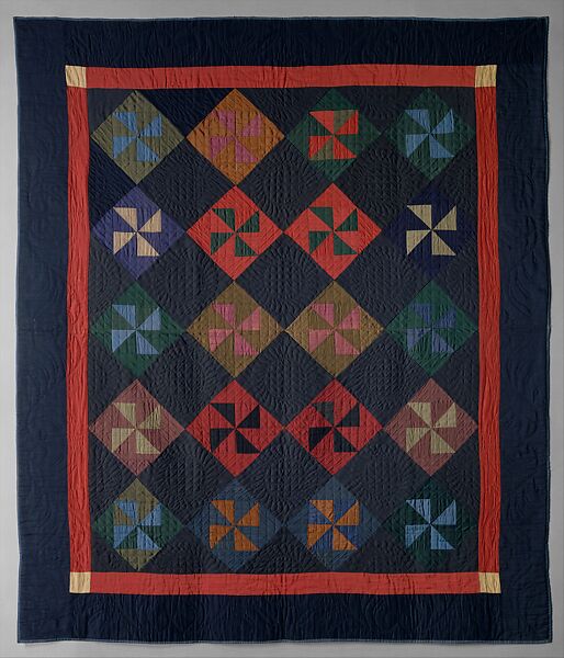 Quilt, Pinwheel or Fly pattern, Amish maker, Wool and cotton, American 