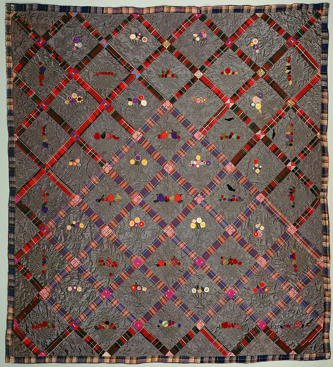 Quilt, Fruit Baskets pattern, Silk and silk velvet, American 