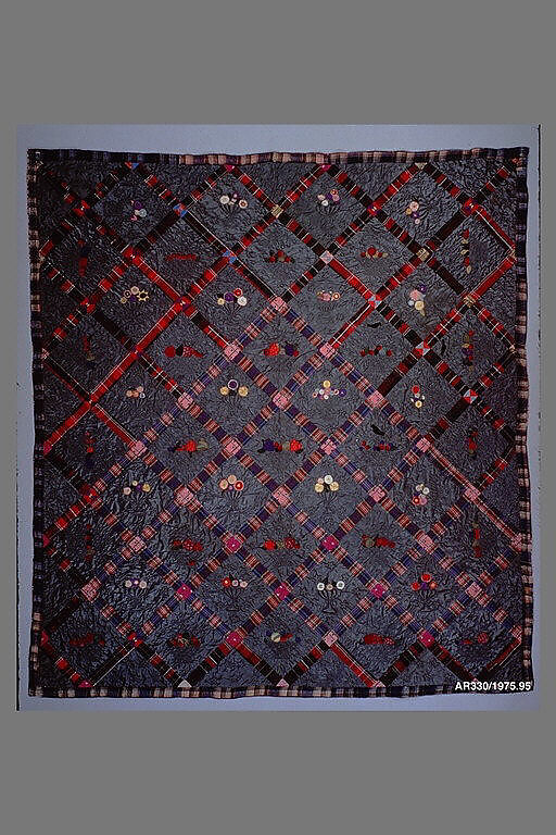 Quilt, Fruit Baskets pattern, Silk and silk velvet, American
