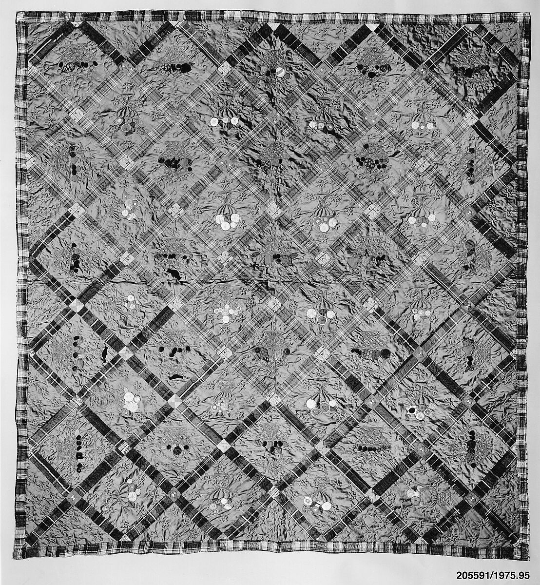 Quilt, Fruit Baskets pattern, Silk and silk velvet, American