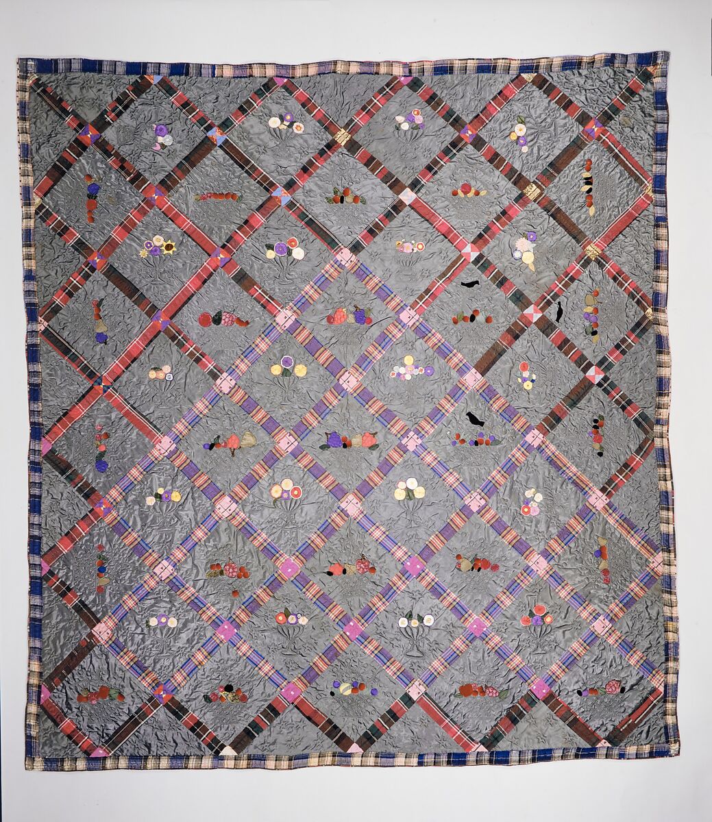 Quilt, Fruit Baskets pattern, Silk and silk velvet, American