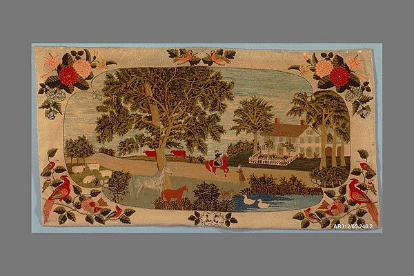 Home in Thomaston Maine, L. C., Wool, embroidered in tent-stitch, American