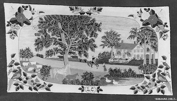 Home in Thomaston Maine, L. C., Wool, embroidered in tent-stitch, American