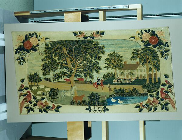 Home in Thomaston Maine, L. C., Wool, embroidered in tent-stitch, American