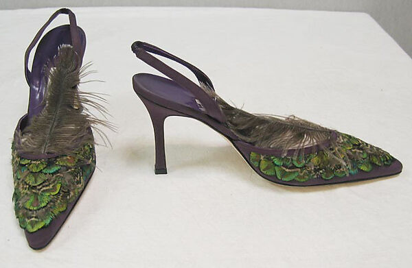 Shoes, Manolo Blahnik (British, born Spain, 1942), (a, b) silk, feathers, British 