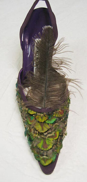 Shoes, Manolo Blahnik (British, born Spain, 1942), (a, b) silk, feathers, British