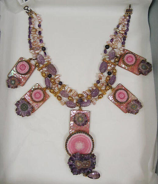 Necklace, Tony Duquette (American, 1914–1999), amethyst, shell, pearl, gold-plated silver, American 