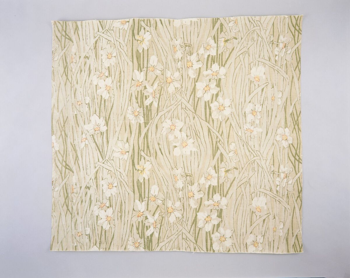 Poet's-narcissus textile, Associated Artists (1883–1907), Linen, woven and printed, American 