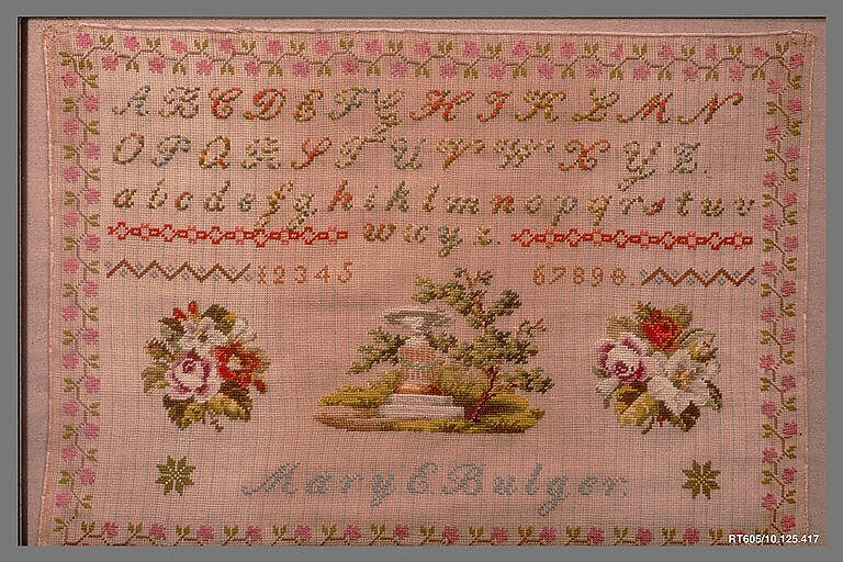 Embroidered Sampler, Mary E. Bulger, Wool on cotton (?), embroidered, American 