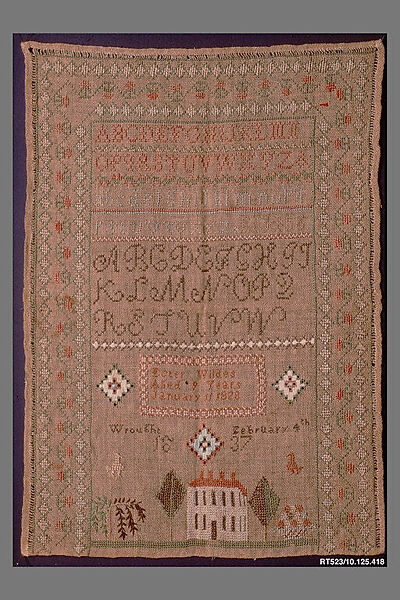Embroidered Sampler, Ester Wildes (born 1828), Silk on linen, embroidered, American 
