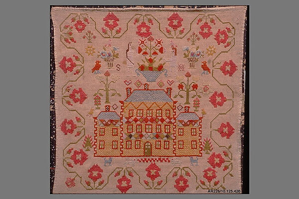 Embroidered Sampler, S. M., Wool on cotton, embroidered, American