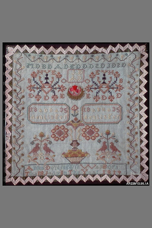 Embroidered Sampler, Anna Denlinger (born 1818/19), Silk and wool on linen, embroidered, American 