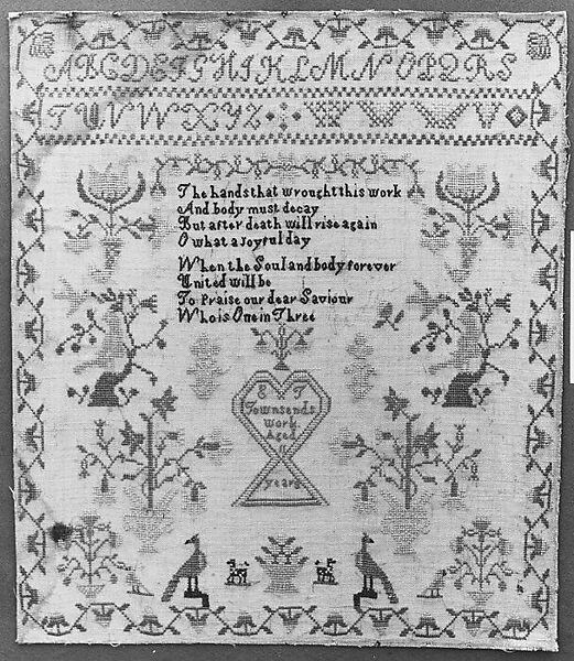 Embroidered Sampler, E. T. Townsend, Linen embroidered with silk thread (?), American 