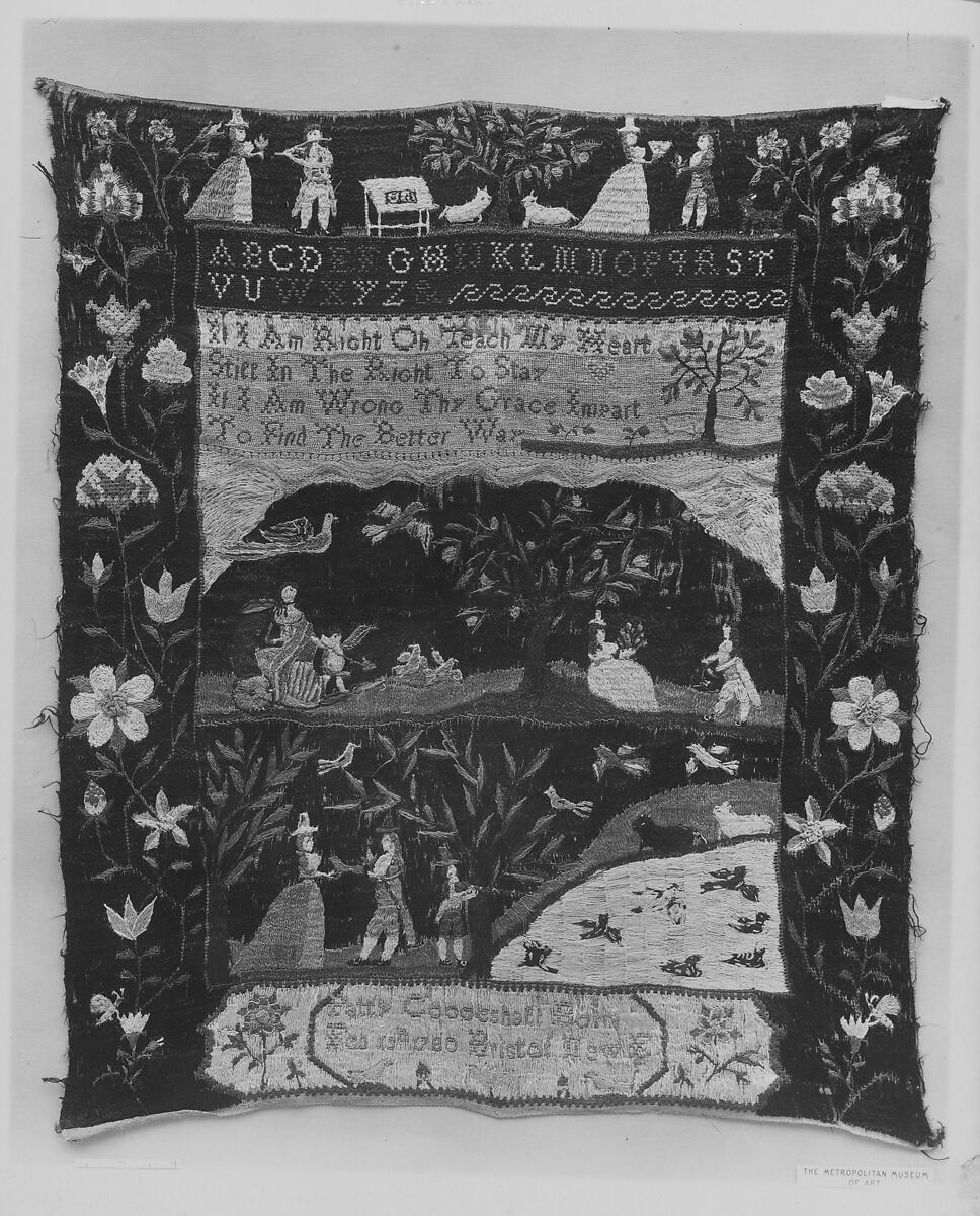 Sampler, Martha (Patty) Coggeshall (1780–1797), Silk and metal thread embroidery on linen, American