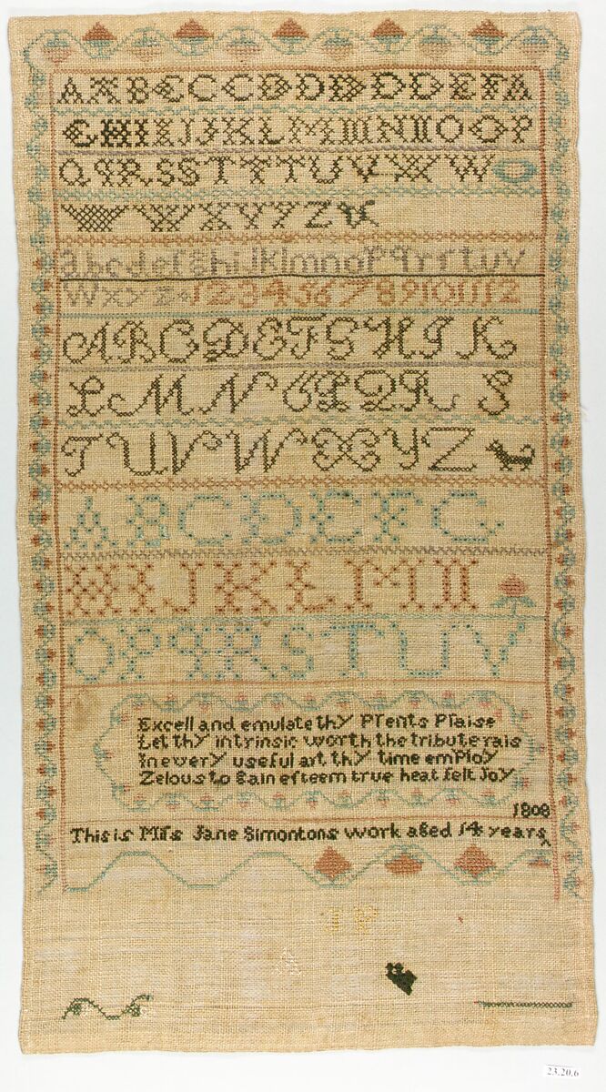 Embroidered sampler, Jane Simonton Chapman (born 1794), Linen embroidered with cotton, American 