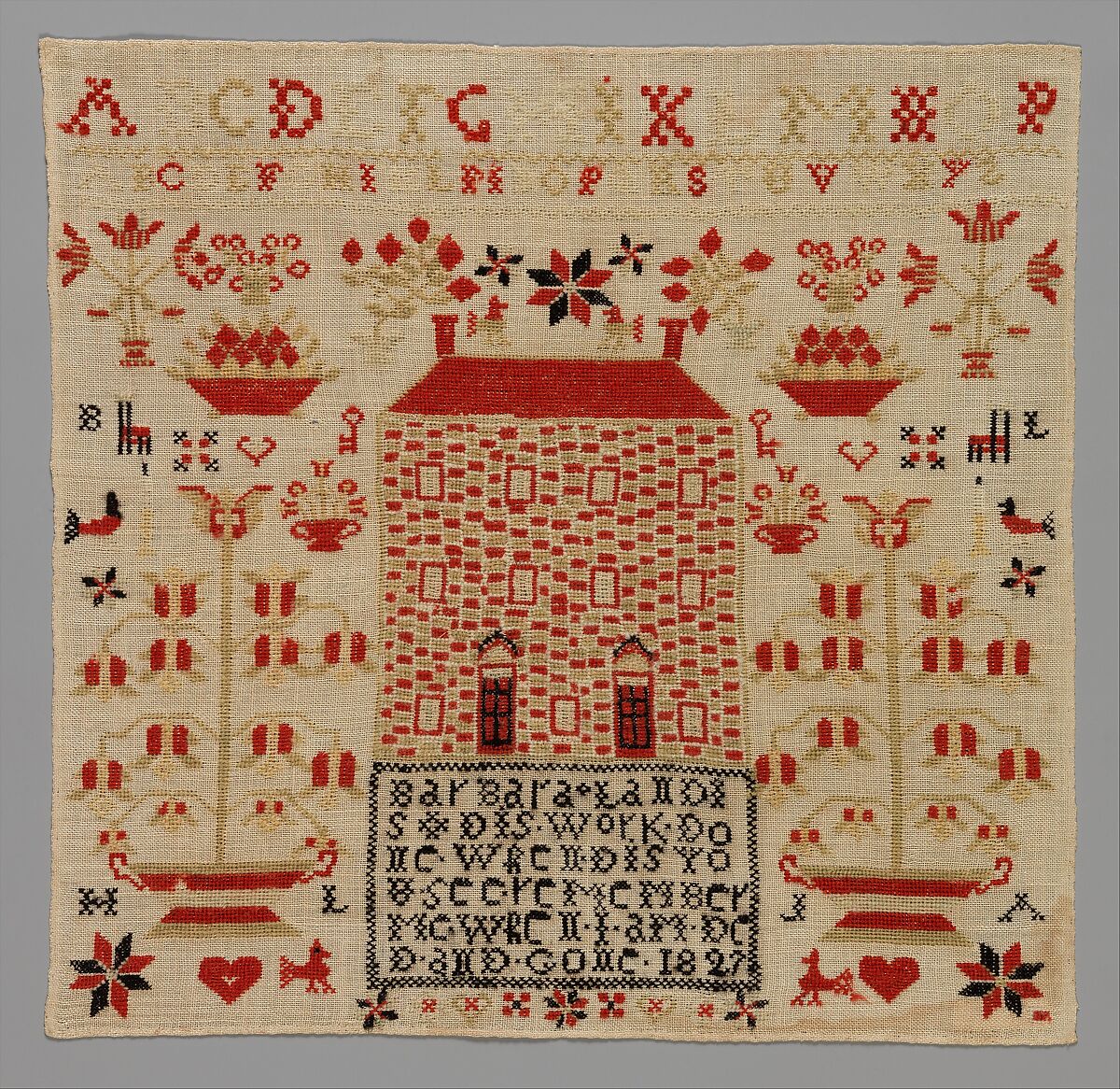 Embroidered Sampler, Barbara Landis (1816–1884), Wool on linen, embroidered, American