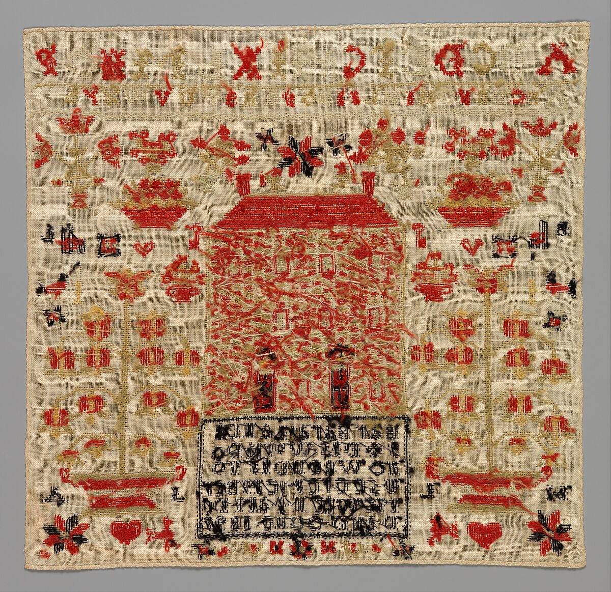 Embroidered Sampler, Barbara Landis (1816–1884), Wool on linen, embroidered, American