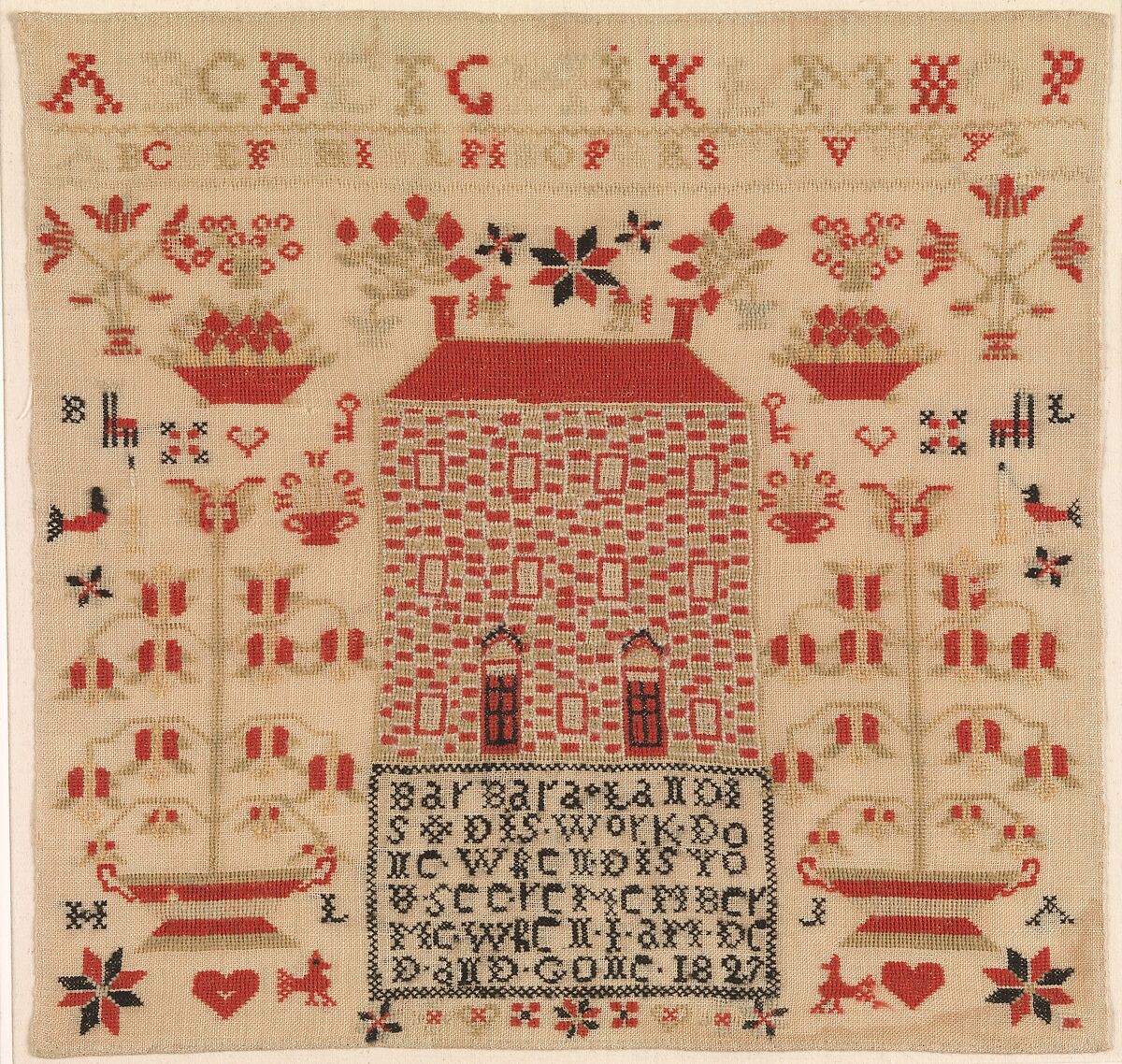 Embroidered Sampler, Barbara Landis (1816–1884), Wool on linen, embroidered, American 