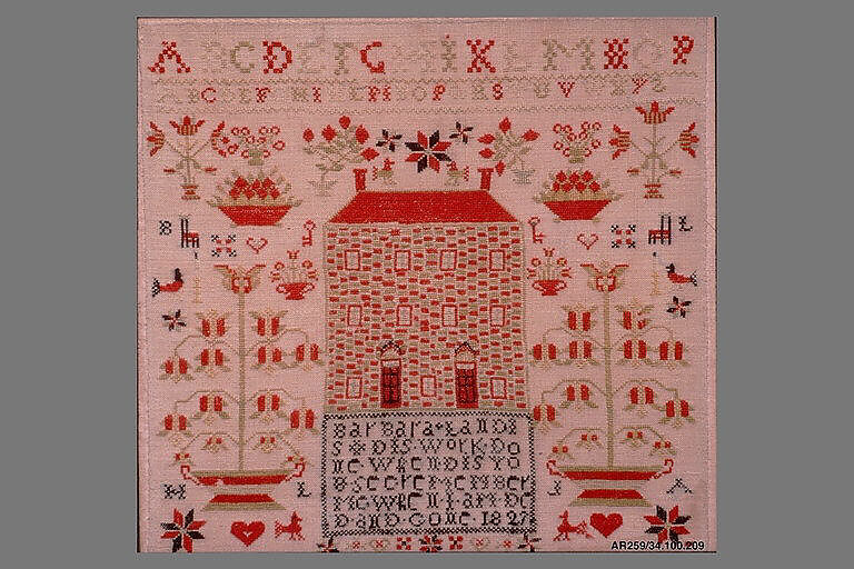 Embroidered Sampler, Barbara Landis (1816–1884), Wool on linen, embroidered, American