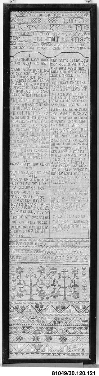 Embroidered sampler, Mary Griffits (born ca. 1713), Linen embroidered with silk thread, probably British