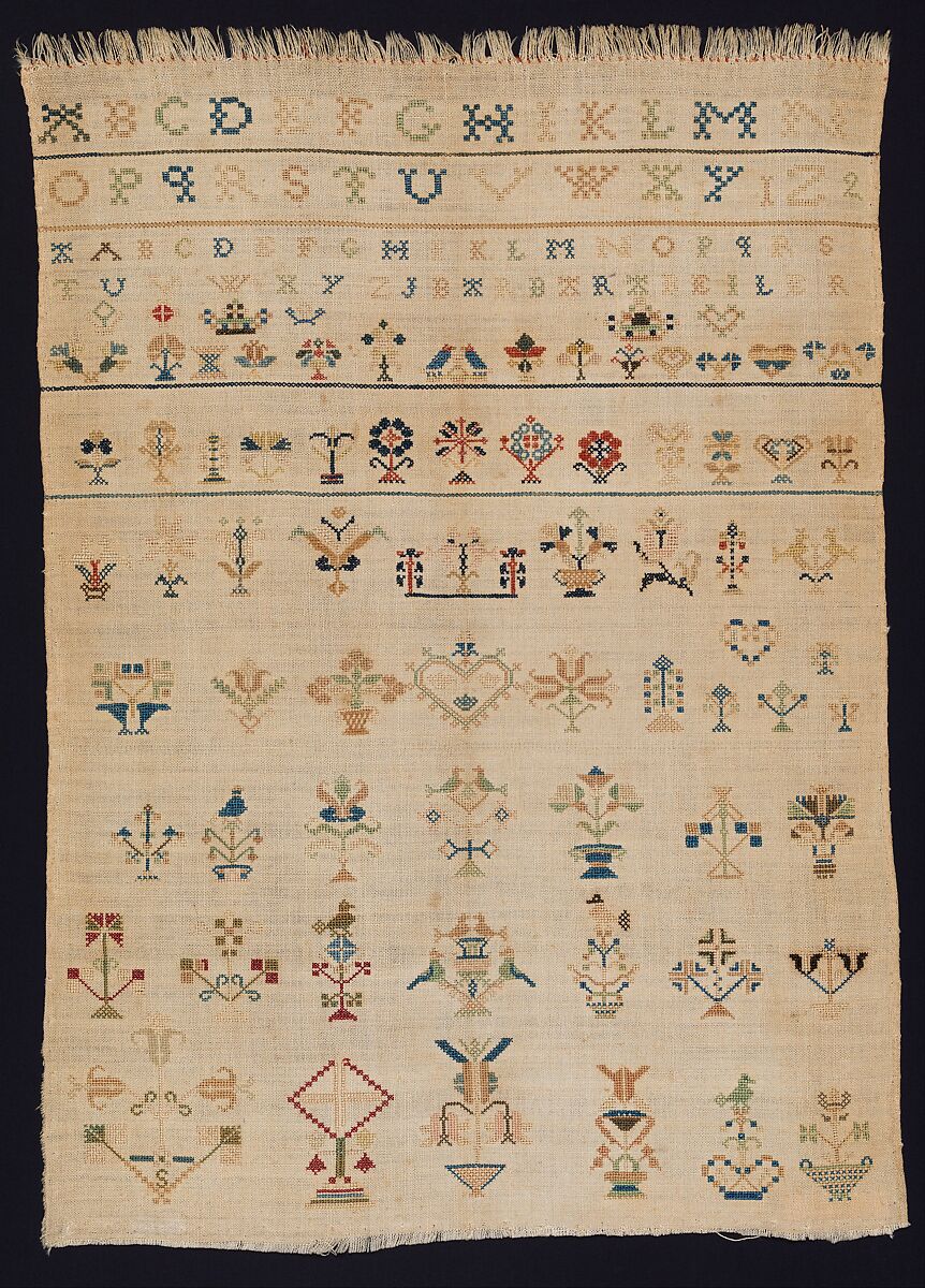 Amish sampler with lettering and motifs, Barbara Beiler, Silk and linen embroidery on linen, American