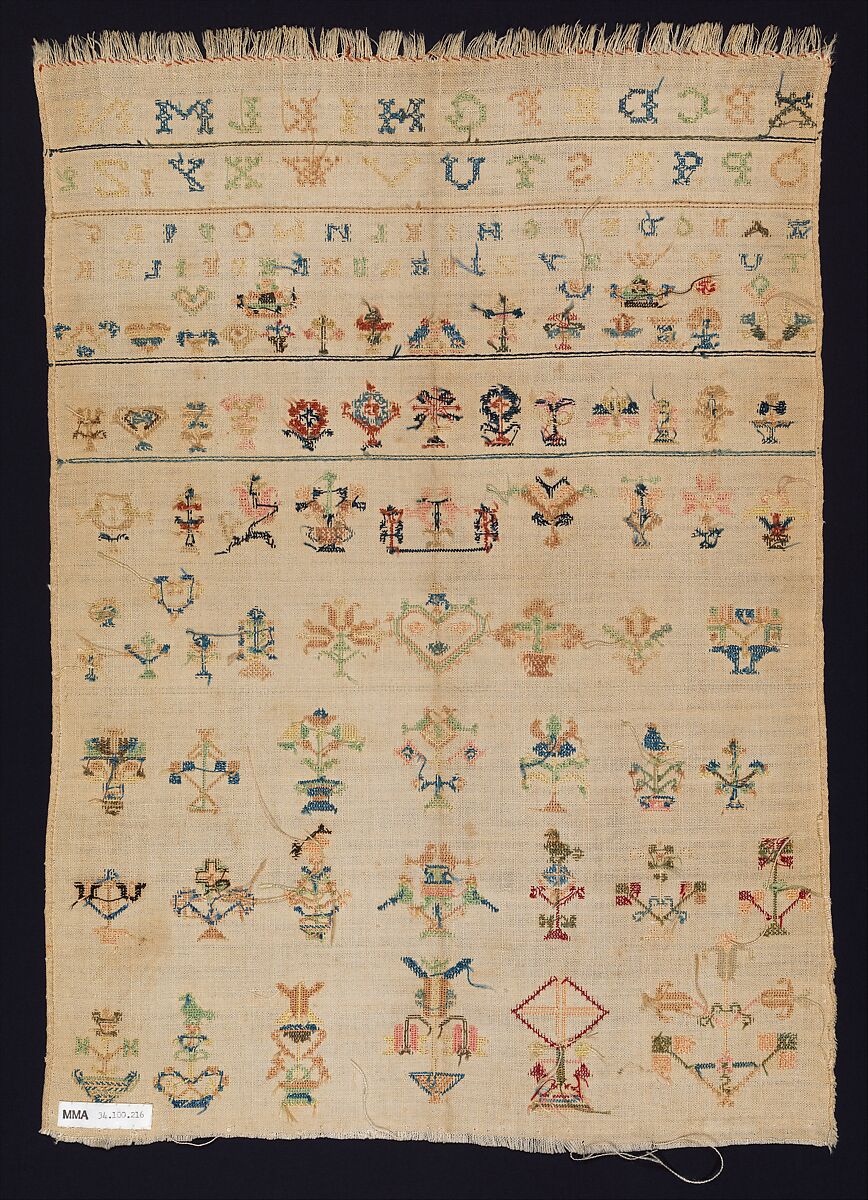 Amish sampler with lettering and motifs, Barbara Beiler, Silk and linen embroidery on linen, American