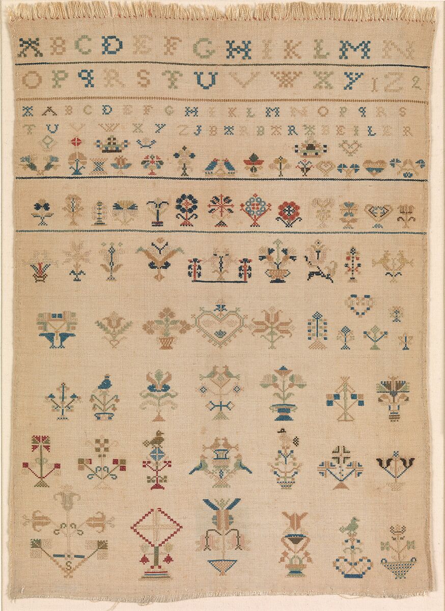 Amish sampler with lettering and motifs, Barbara Beiler, Silk and linen embroidery on linen, American 