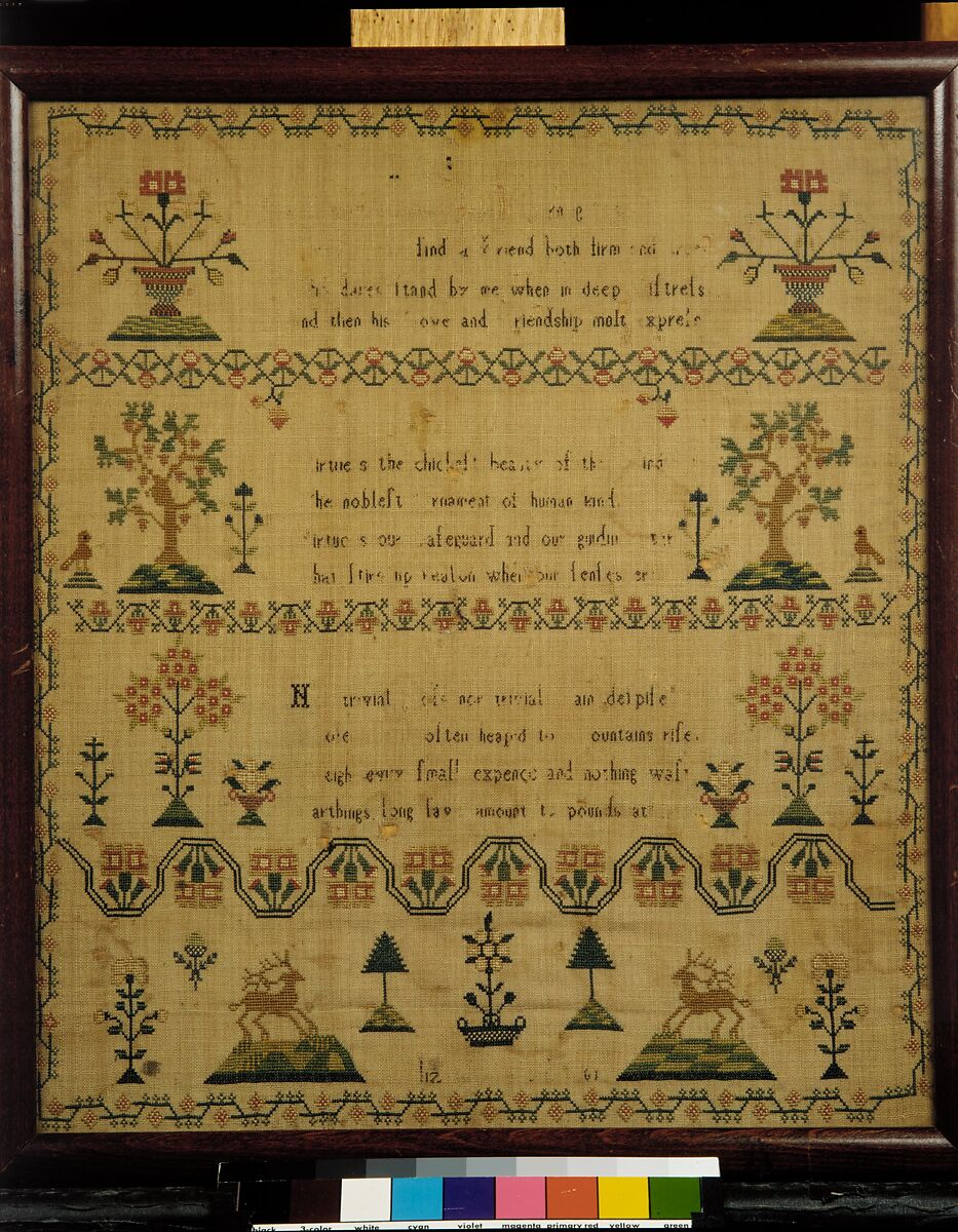 Embroidered sampler, Silk on linen, embroidered, probably British
