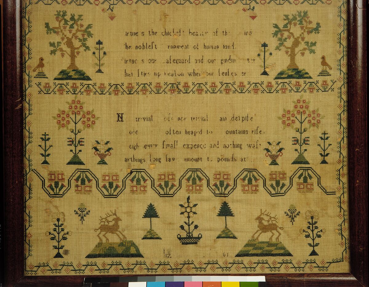 Embroidered sampler, Silk on linen, embroidered, probably British