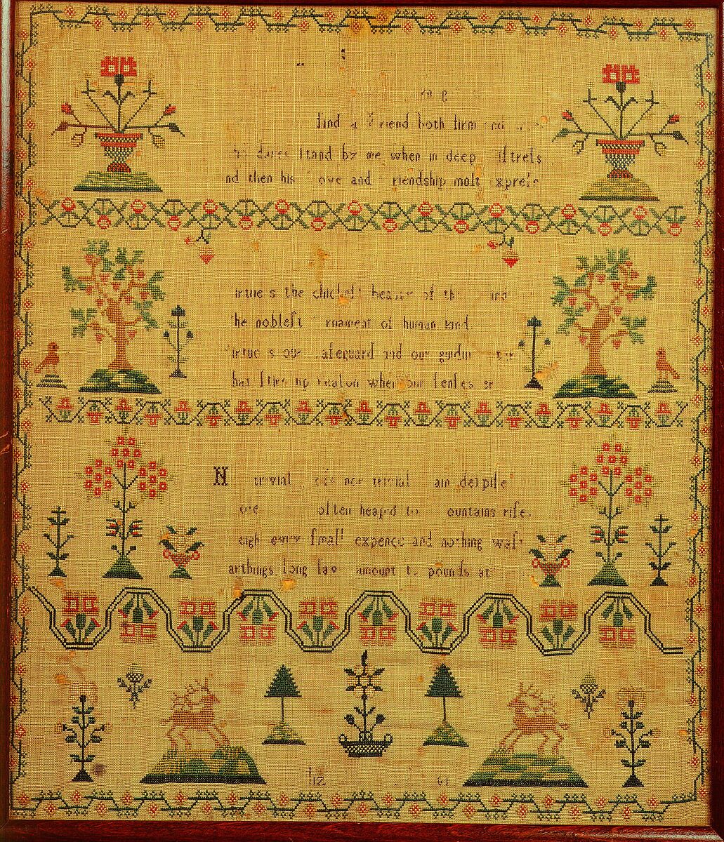 Embroidered sampler, Silk on linen, embroidered, probably British 