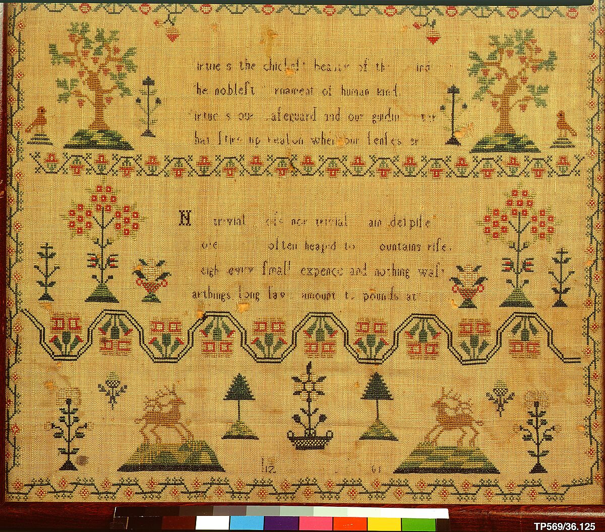 Embroidered sampler, Silk on linen, embroidered, probably British