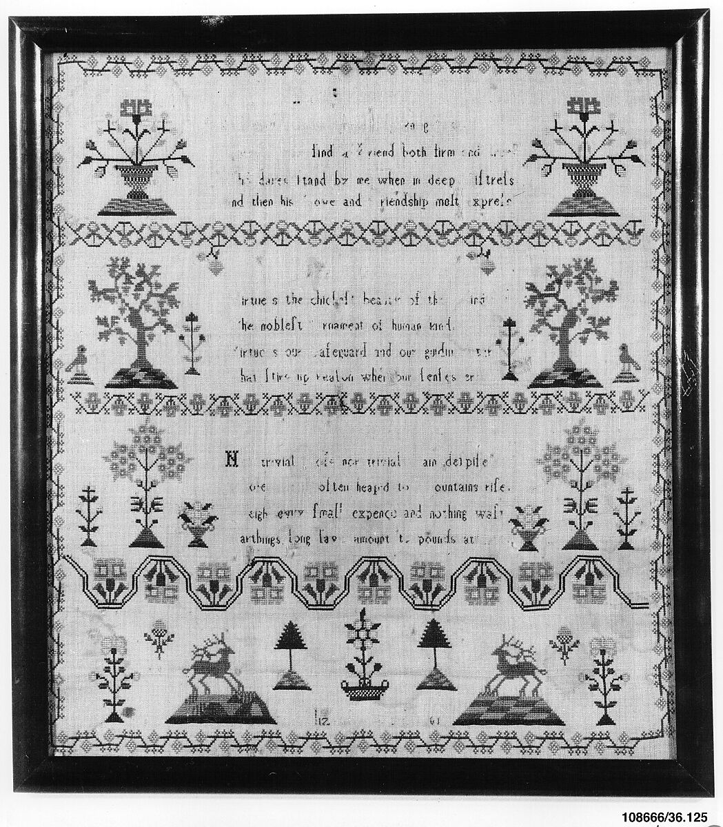 Embroidered sampler, Silk on linen, embroidered, probably British