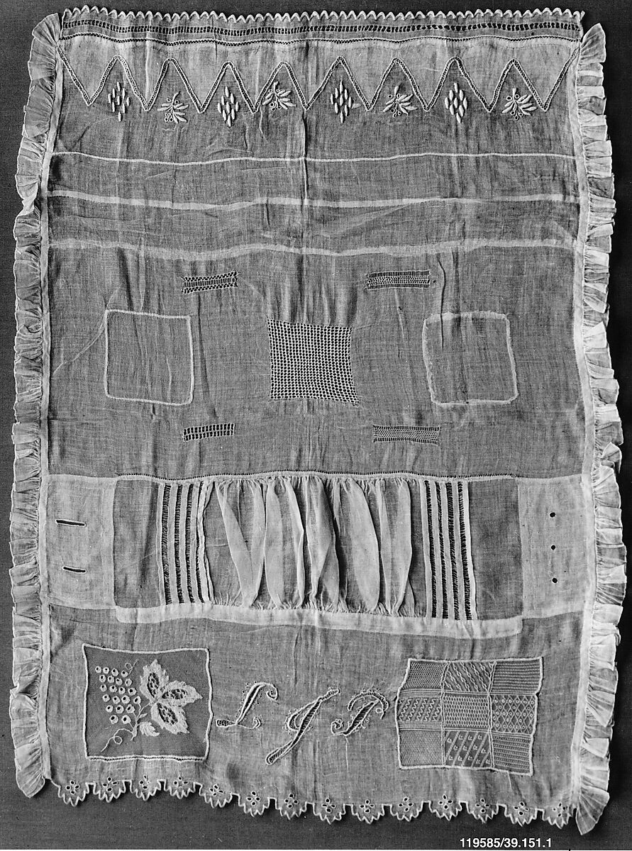 Embroidered Sampler, Lucy Jane Phelps Atwater (1828–1897), Linen embroidery and stitching on cotton,, American