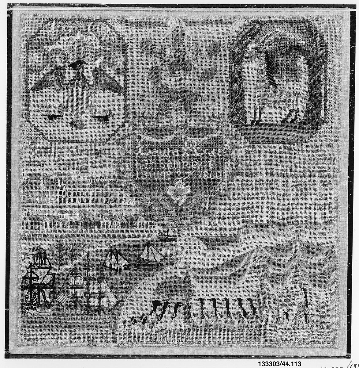 Sampler, Laura Hyde (American, 1787–1857), Silk embroidery on linen, American