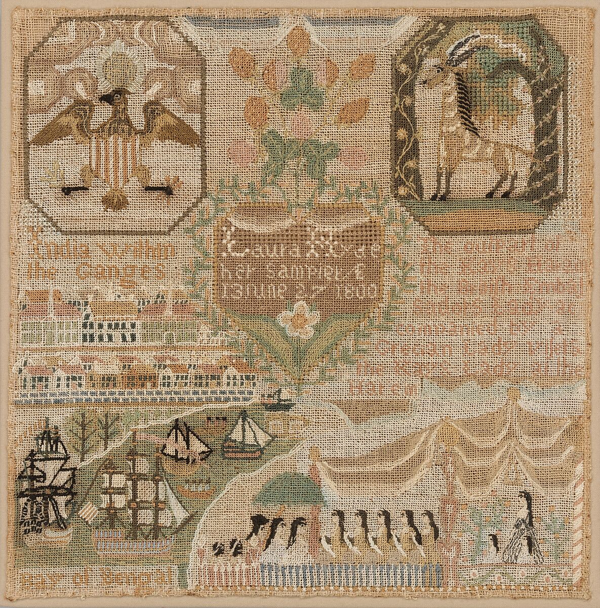 Sampler, Laura Hyde (American, 1787–1857), Silk embroidery on linen, American 