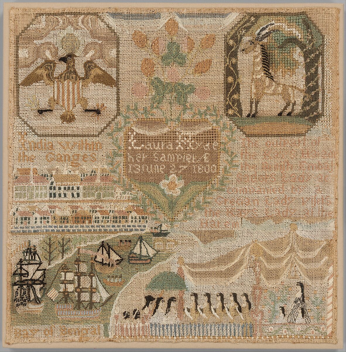 Sampler, Laura Hyde (American, 1787–1857), Silk embroidery on linen, American