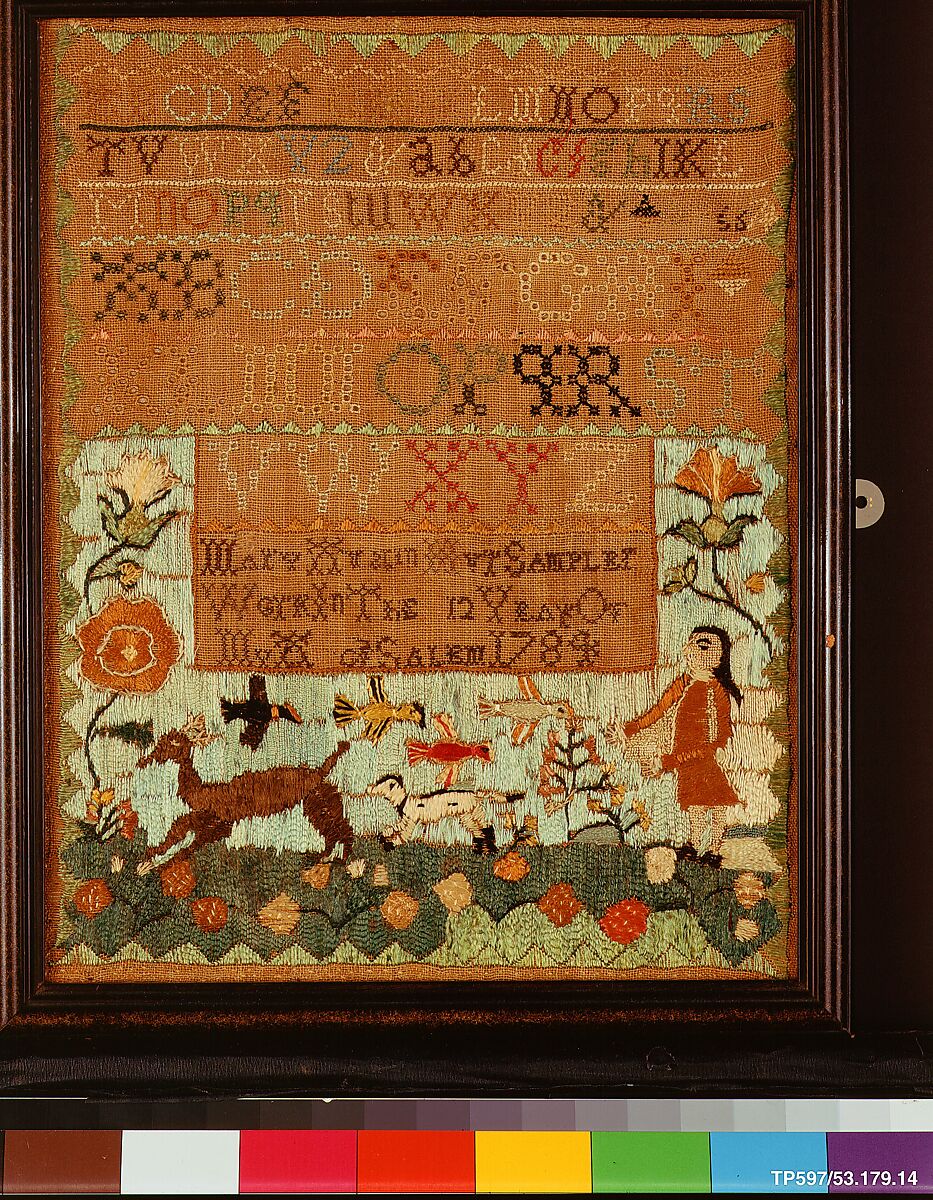 Sampler, Mary Austin (American, 1773–1799), Silk embroidery on linen, American