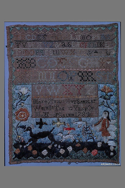 Sampler, Mary Austin (American, 1773–1799), Silk embroidery on linen, American