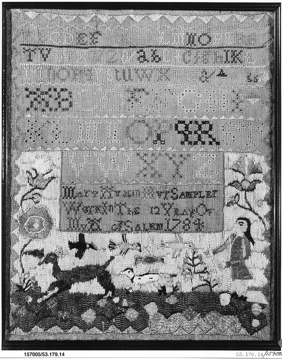 Sampler, Mary Austin (American, 1773–1799), Silk embroidery on linen, American